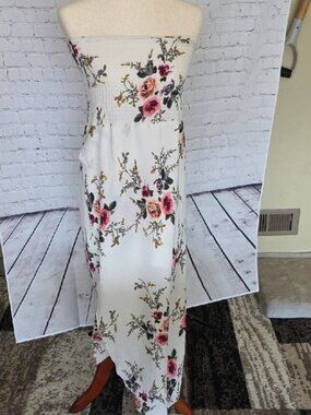 Floral Maxi Dress - White with Pink and Green Accents